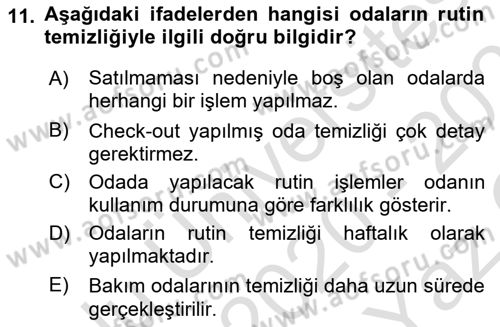 Kat Hizmetleri Dersi 2020 - 2021 Yılı Yaz Okulu Sınav Soruları 11. Soru