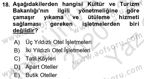 Kat Hizmetleri Dersi 2020 - 2021 Yılı Yaz Okulu Sınav Soruları 18. Soru