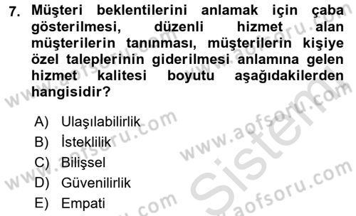 Hizmet Tasarımı Dersi Ara Sınavı Deneme Sınav Soruları 7. Soru