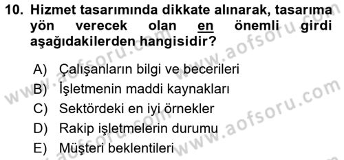 Hizmet Tasarımı Dersi Ara Sınavı Deneme Sınav Soruları 10. Soru
