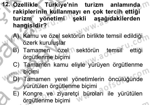 Destinasyon Yönetimi Dersi 2012 - 2013 Yılı (Vize) Ara Sınav Soruları 12. Soru