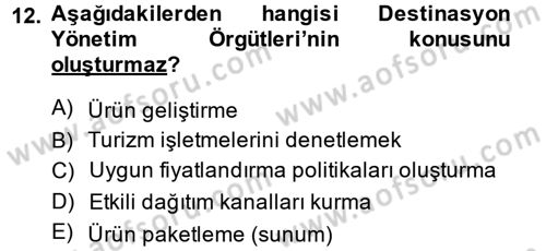 Destinasyon Yönetimi Dersi 2014 - 2015 Yılı (Vize) Ara Sınav Soruları 12. Soru