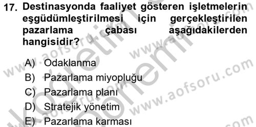 Destinasyon Yönetimi Dersi 2016 - 2017 Yılı (Vize) Ara Sınav Soruları 17. Soru