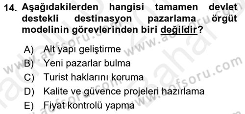 Destinasyon Yönetimi Dersi 2018 - 2019 Yılı (Vize) Ara Sınav Soruları 14. Soru