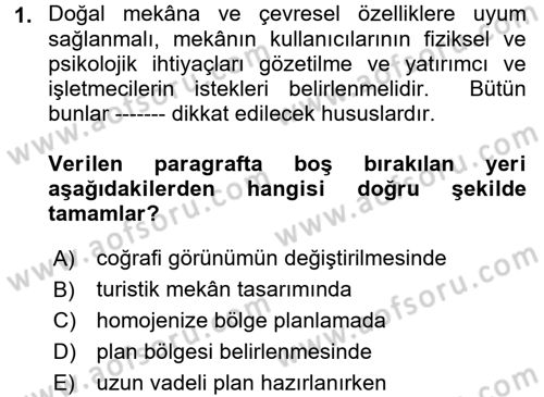 Turistik Alanlarda Mekan Tasarımı Dersi 2017 - 2018 Yılı (Final) Dönem Sonu Sınav Soruları 1. Soru