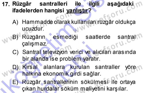 Ekoloji ve Turizm Dersi 2013 - 2014 Yılı (Vize) Ara Sınav Soruları 17. Soru