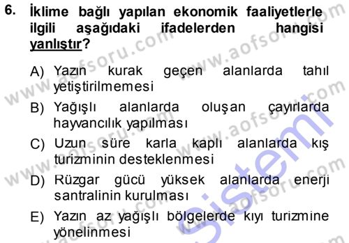 Ekoloji ve Turizm Dersi 2014 - 2015 Yılı (Vize) Ara Sınav Soruları 6. Soru