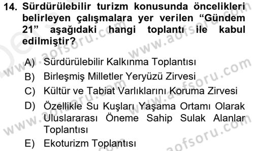 Ekoloji ve Turizm Dersi 2015 - 2016 Yılı Tek Ders Sınav Soruları 14. Soru