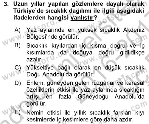 Ekoloji ve Turizm Dersi 2016 - 2017 Yılı 3 Ders Sınav Soruları 3. Soru