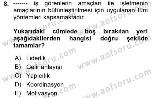 Termal ve Spa Hizmetleri Dersi 2017 - 2018 Yılı 3 Ders Sınavı 8. Soru