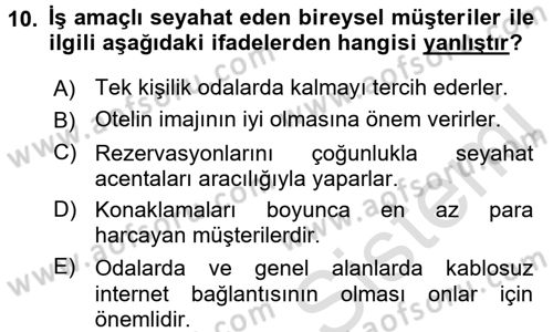 Odalar Bölümü Yönetimi Dersi 2016 - 2017 Yılı (Vize) Ara Sınav Soruları 10. Soru