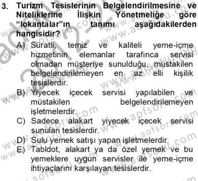 Yiyecek İçecek Yönetimi Dersi Ara Sınavı Deneme Sınav Soruları 3. Soru
