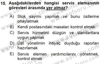 Yiyecek İçecek Yönetimi Dersi Ara Sınavı Deneme Sınav Soruları 15. Soru