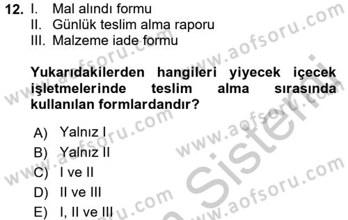 Yiyecek İçecek Yönetimi Dersi 2016 - 2017 Yılı 3 Ders Sınav Soruları 12. Soru