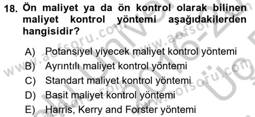 Yiyecek İçecek Yönetimi Dersi 2016 - 2017 Yılı 3 Ders Sınav Soruları 18. Soru