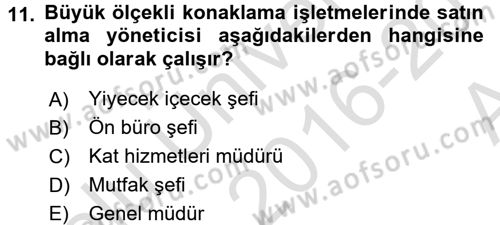 Yiyecek İçecek Yönetimi Dersi Ara Sınavı Deneme Sınav Soruları 11. Soru
