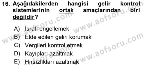 Yiyecek İçecek Yönetimi Dersi 2017 - 2018 Yılı 3 Ders Sınav Soruları 16. Soru
