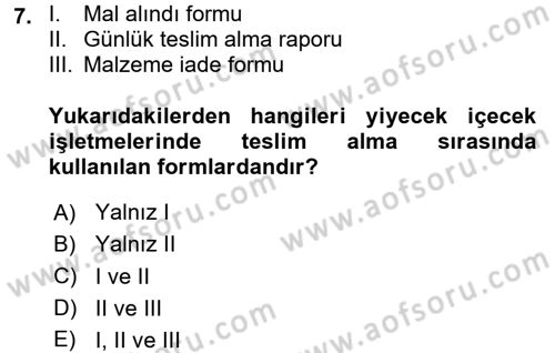 Yiyecek İçecek Yönetimi Dersi 2017 - 2018 Yılı 3 Ders Sınav Soruları 7. Soru