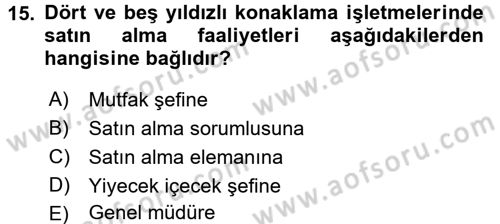Yiyecek İçecek Yönetimi Dersi Ara Sınavı Deneme Sınav Soruları 15. Soru