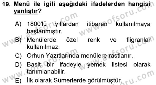 Yiyecek İçecek Yönetimi Dersi Ara Sınavı Deneme Sınav Soruları 19. Soru