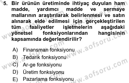Yiyecek İçecek Yönetimi Dersi Ara Sınavı Deneme Sınav Soruları 5. Soru