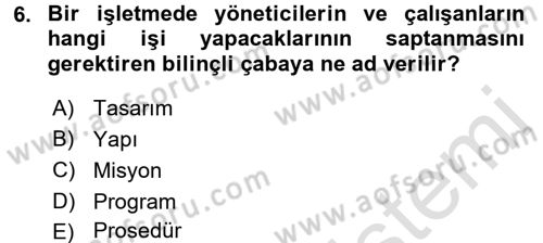 Yiyecek İçecek Yönetimi Dersi Ara Sınavı Deneme Sınav Soruları 6. Soru