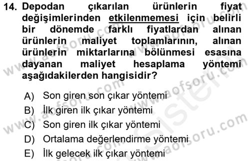 Yiyecek İçecek Yönetimi Dersi 2017 - 2018 Yılı (Final) Dönem Sonu Sınav Soruları 14. Soru