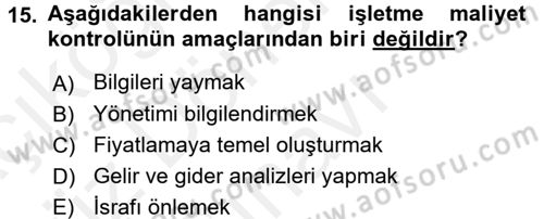 Yiyecek İçecek Yönetimi Dersi 2017 - 2018 Yılı (Final) Dönem Sonu Sınav Soruları 15. Soru