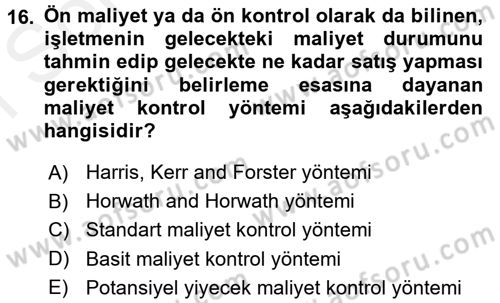 Yiyecek İçecek Yönetimi Dersi 2017 - 2018 Yılı (Final) Dönem Sonu Sınav Soruları 16. Soru