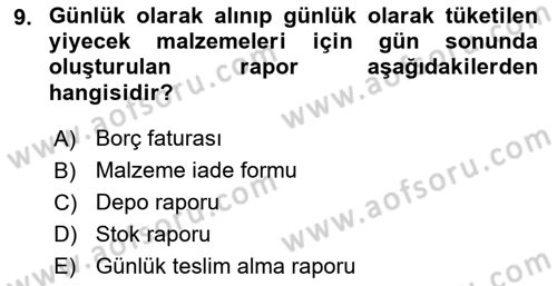 Yiyecek İçecek Yönetimi Dersi 2018 - 2019 Yılı 3 Ders Sınav Soruları 9. Soru