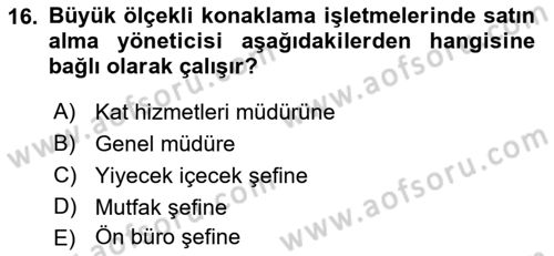 Yiyecek İçecek Yönetimi Dersi Ara Sınavı Deneme Sınav Soruları 16. Soru