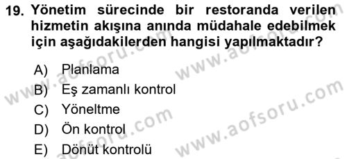 Yiyecek İçecek Yönetimi Dersi Ara Sınavı Deneme Sınav Soruları 19. Soru