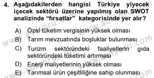 Yiyecek İçecek Yönetimi Dersi Ara Sınavı Deneme Sınav Soruları 4. Soru