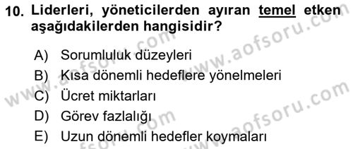 Yiyecek İçecek Yönetimi Dersi Ara Sınavı Deneme Sınav Soruları 10. Soru