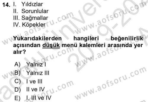 Yiyecek İçecek Yönetimi Dersi Ara Sınavı Deneme Sınav Soruları 14. Soru