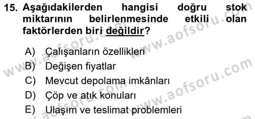 Yiyecek İçecek Yönetimi Dersi Ara Sınavı Deneme Sınav Soruları 15. Soru