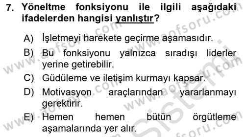 Yiyecek İçecek Yönetimi Dersi Ara Sınavı Deneme Sınav Soruları 7. Soru