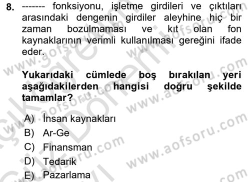 Yiyecek İçecek Yönetimi Dersi 2019 - 2020 Yılı (Vize) Ara Sınav Soruları 8. Soru