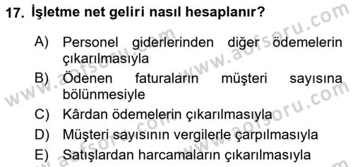 Yiyecek İçecek Yönetimi Dersi 2020 - 2021 Yılı Yaz Okulu Sınav Soruları 17. Soru