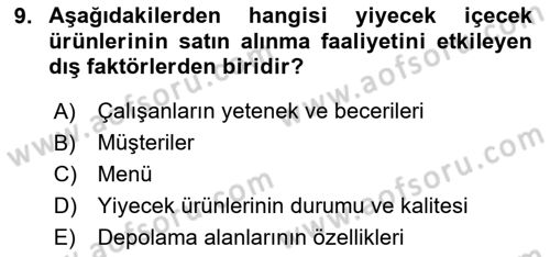 Yiyecek İçecek Yönetimi Dersi 2020 - 2021 Yılı Yaz Okulu Sınav Soruları 9. Soru