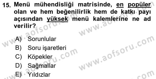 Yiyecek İçecek Yönetimi Dersi Ara Sınavı Deneme Sınav Soruları 15. Soru