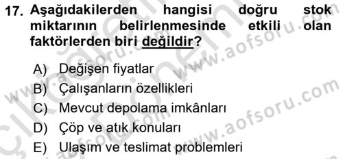 Yiyecek İçecek Yönetimi Dersi Ara Sınavı Deneme Sınav Soruları 17. Soru