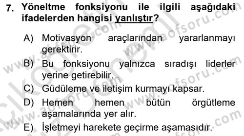 Yiyecek İçecek Yönetimi Dersi Ara Sınavı Deneme Sınav Soruları 7. Soru