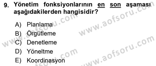 Yiyecek İçecek Yönetimi Dersi Ara Sınavı Deneme Sınav Soruları 9. Soru