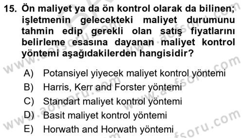 Yiyecek İçecek Yönetimi Dersi 2023 - 2024 Yılı (Final) Dönem Sonu Sınav Soruları 15. Soru