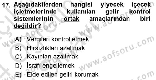 Yiyecek İçecek Yönetimi Dersi 2023 - 2024 Yılı Yaz Okulu Sınav Soruları 17. Soru