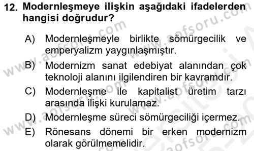 Kültür Tarihi Dersi 2015 - 2016 Yılı Tek Ders Sınav Soruları 12. Soru