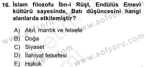 Kültür Tarihi Dersi 2015 - 2016 Yılı Tek Ders Sınav Soruları 16. Soru