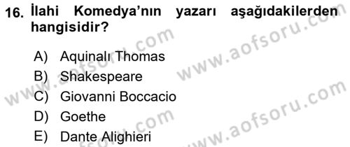 Kültür Tarihi Dersi 2016 - 2017 Yılı (Vize) Ara Sınav Soruları 16. Soru