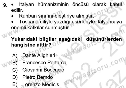 Kültür Tarihi Dersi 2022 - 2023 Yılı Yaz Okulu Sınav Soruları 9. Soru